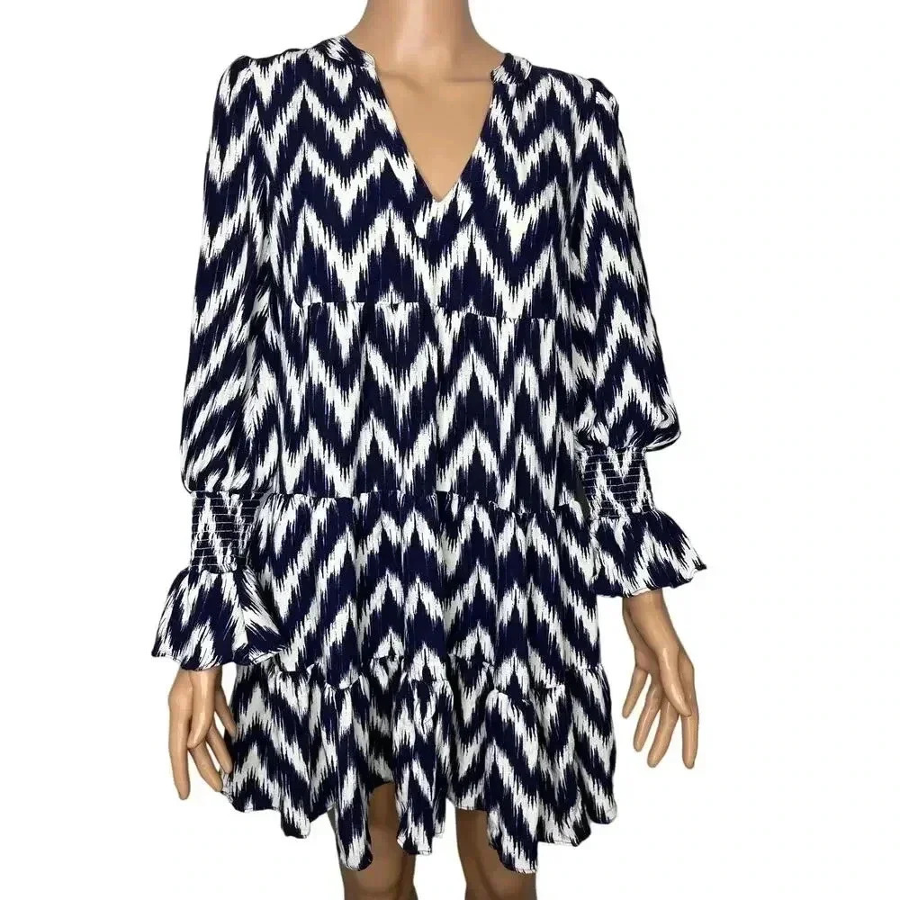 Pomander Place Tuckernuck Navy Ikat Kenzo Dress size S Chevron - Picture 2 of 12